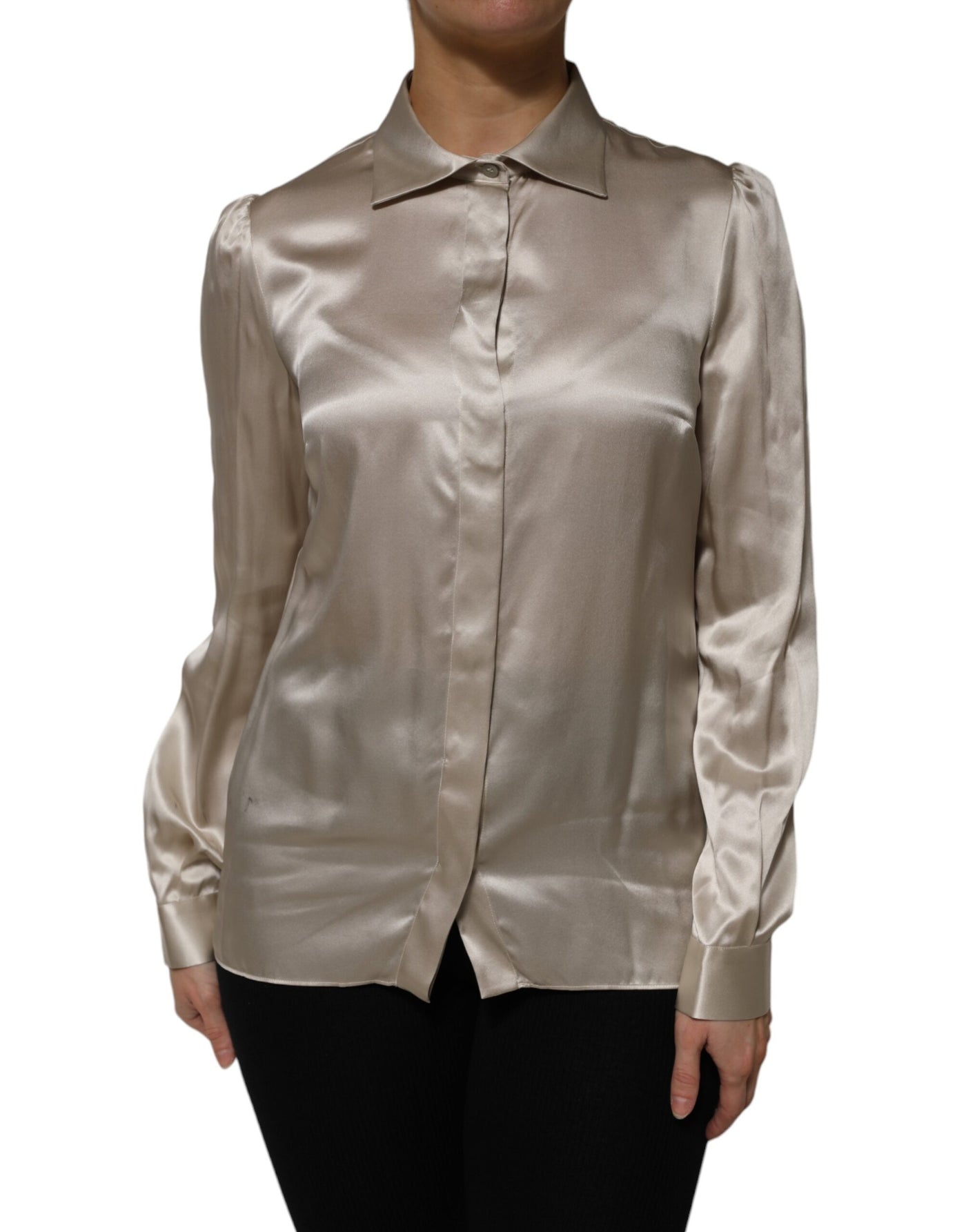Dolce & Gabbana Beigefarbenes Satin-Seiden-Top mit langen Ärmeln