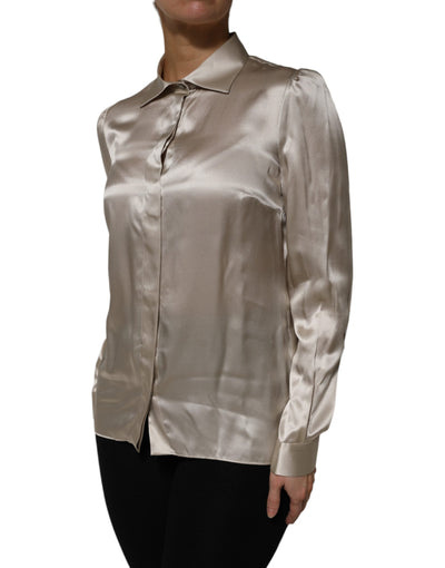 Dolce & Gabbana Beigefarbenes Satin-Seiden-Top mit langen Ärmeln