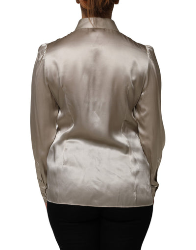 Dolce & Gabbana Beigefarbenes Satin-Seiden-Top mit langen Ärmeln