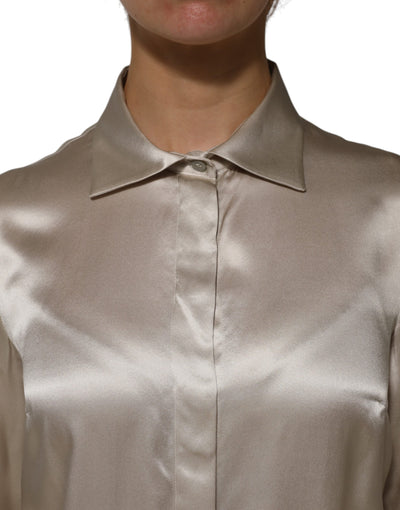 Dolce & Gabbana Beigefarbenes Satin-Seiden-Top mit langen Ärmeln