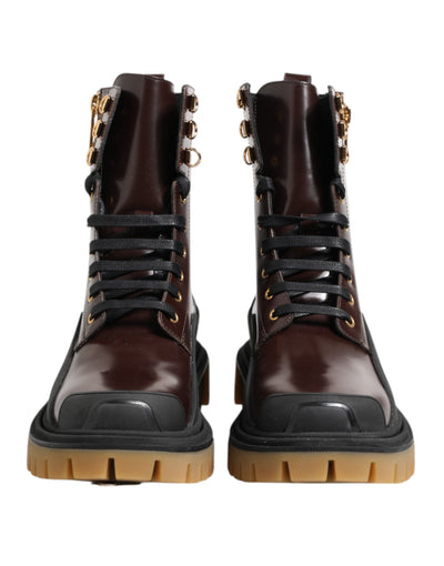 Dolce & Gabbana Braun Schwarz Leder Stiefel Reißverschluss Schnürschuhe
