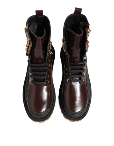 Dolce & Gabbana Braun Schwarz Leder Stiefel Reißverschluss Schnürschuhe