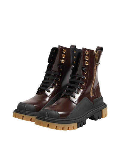 Dolce & Gabbana Braun Schwarz Leder Stiefel Reißverschluss Schnürschuhe