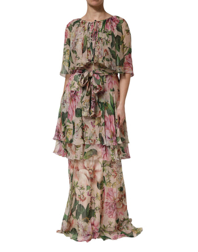 Dolce & Gabbana Rosa gestuftes langes Maxikleid mit Blumendruck