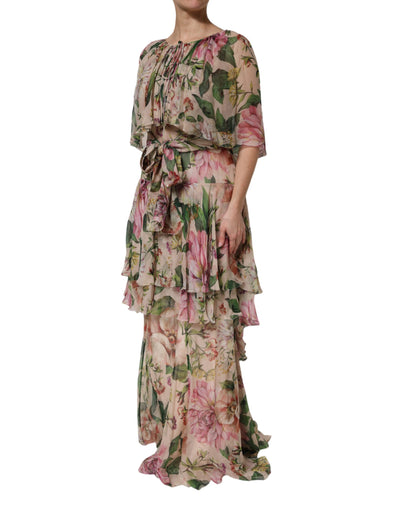 Dolce & Gabbana Rosa gestuftes langes Maxikleid mit Blumendruck