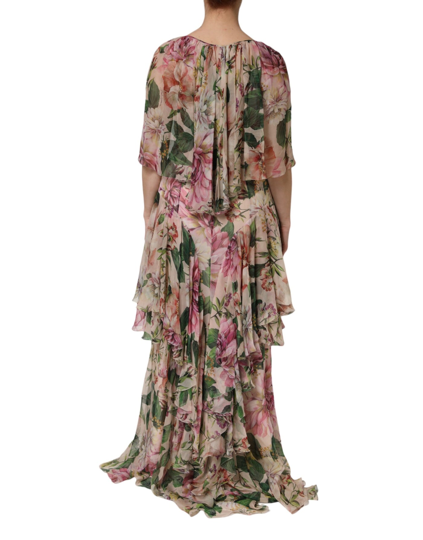 Dolce & Gabbana Rosa gestuftes langes Maxikleid mit Blumendruck