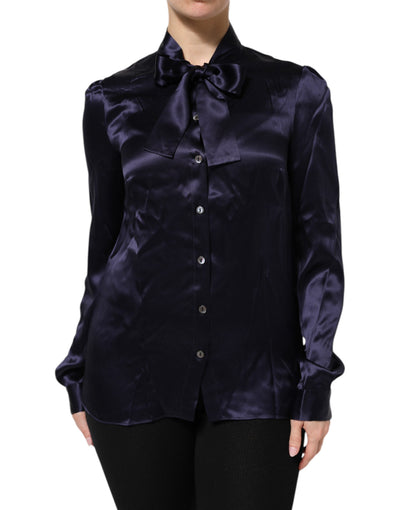 Dolce & Gabbana Dunkelviolettes Seidenblusentop mit Ascot-Kragen