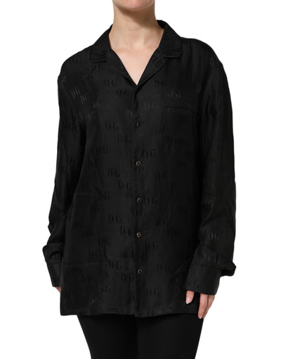 Dolce & Gabbana Schwarzes Seiden-DG besticktes langärmeliges Top