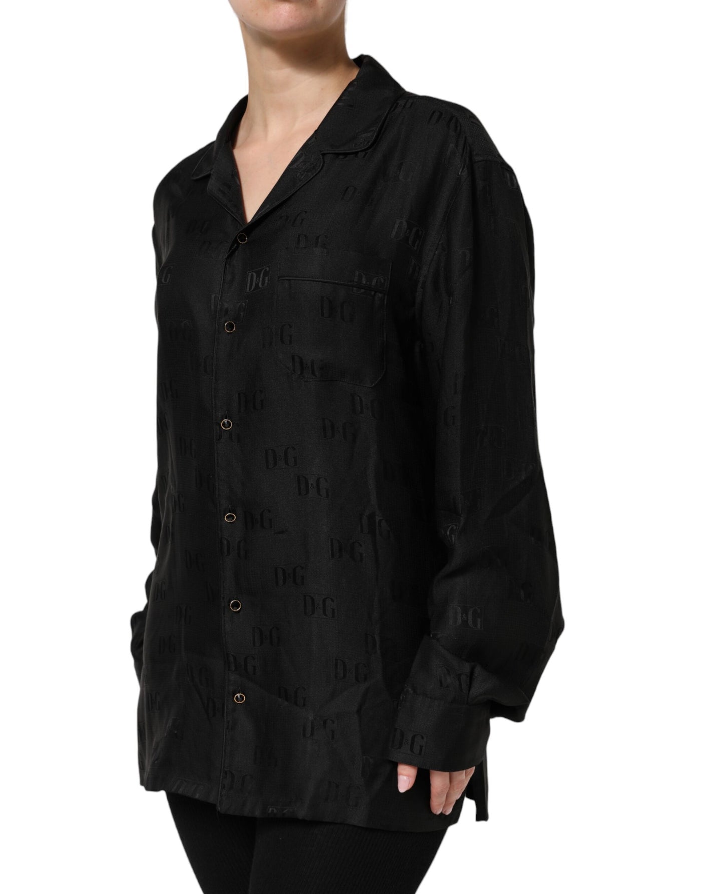 Dolce & Gabbana Schwarzes Seiden-DG besticktes langärmeliges Top
