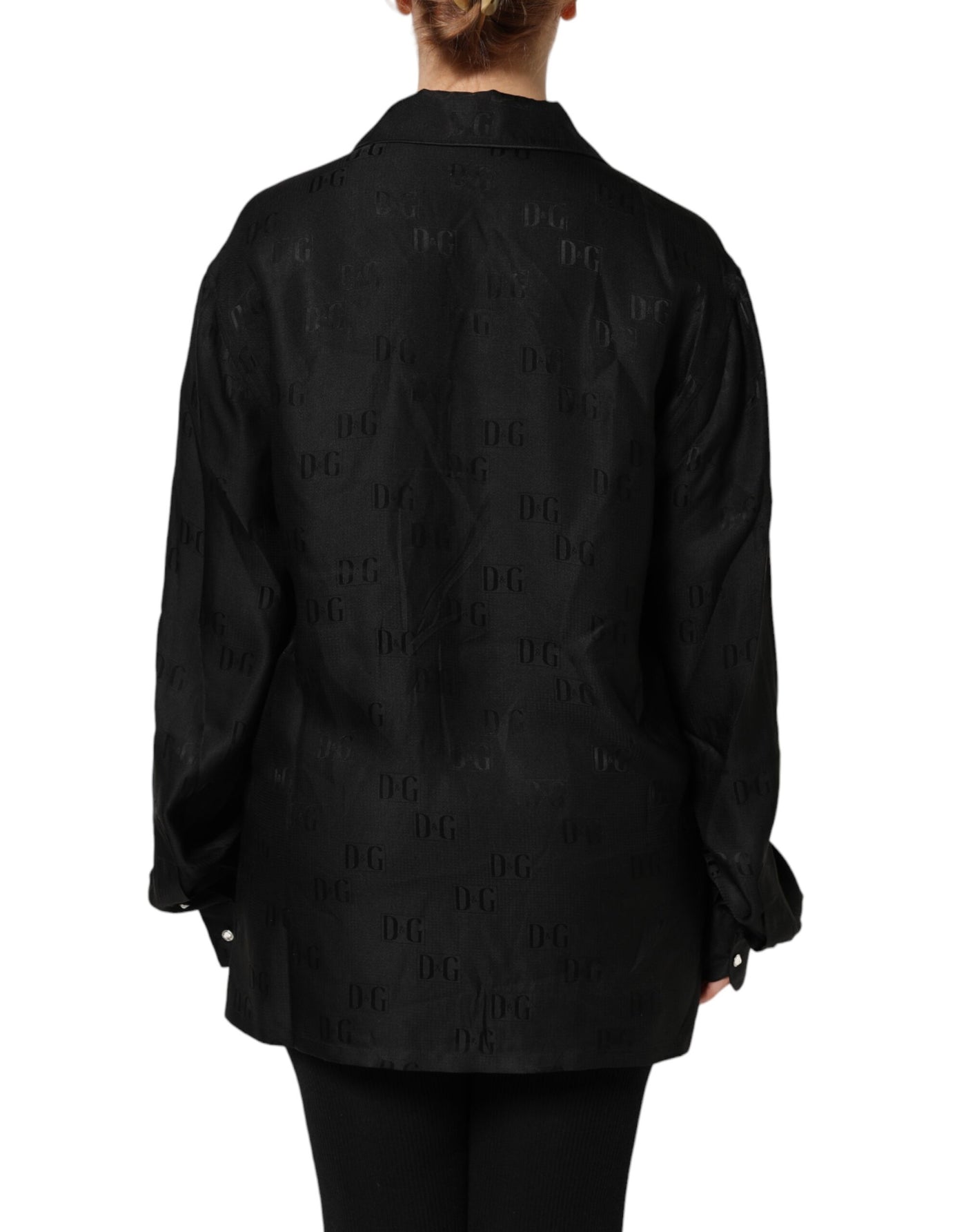 Dolce & Gabbana Schwarzes Seiden-DG besticktes langärmeliges Top