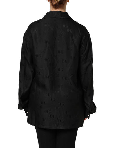 Dolce & Gabbana Schwarzes Seiden-DG besticktes langärmeliges Top