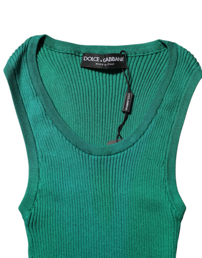 Dolce & Gabbana Grünes ärmelloses Tank-Top aus Seide mit Rundhalsausschnitt