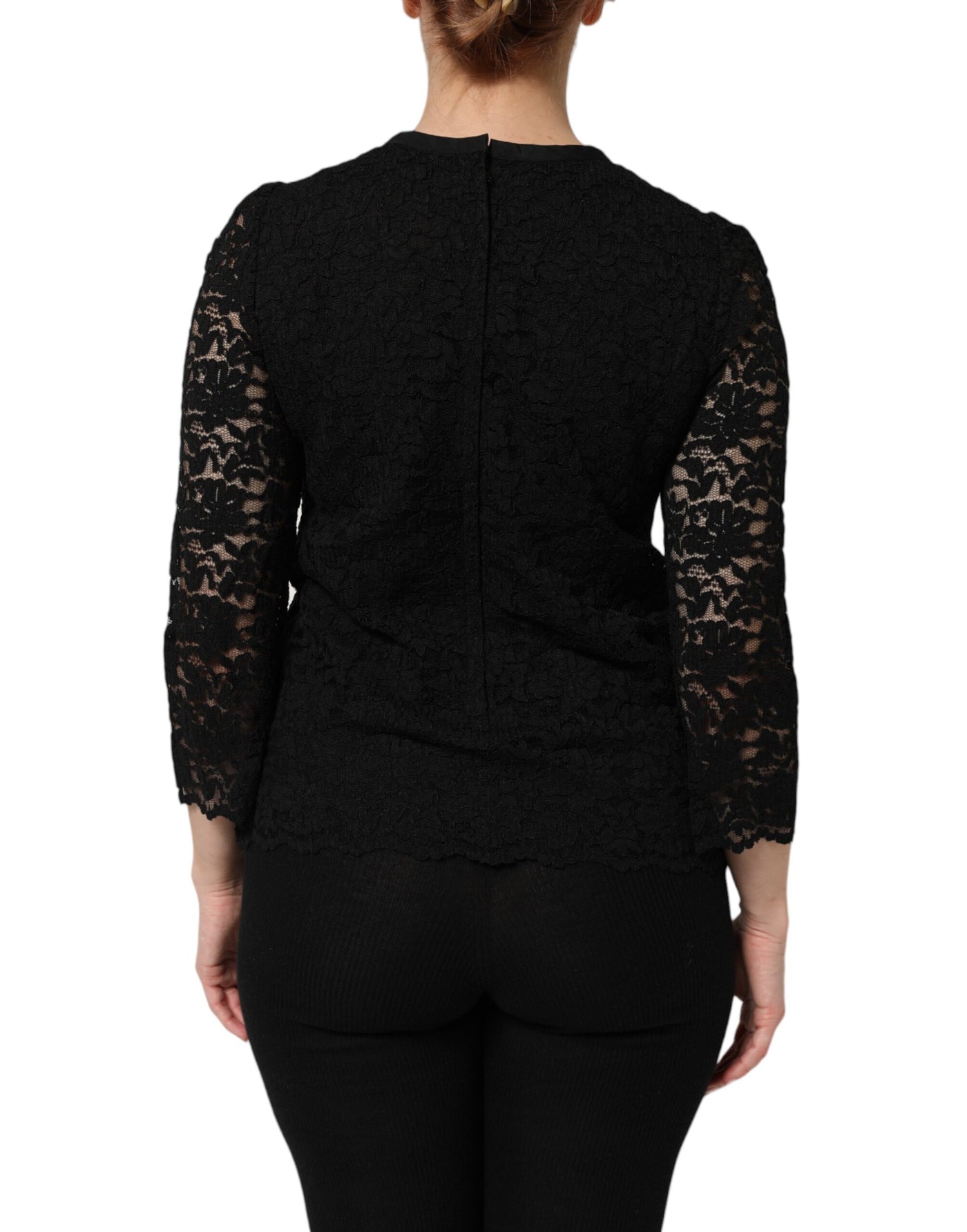 Dolce & Gabbana Schwarzes Nylon-Spitzen-Langarmblusen-Top