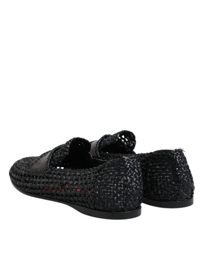 Dolce & Gabbana Schwarzes gewebtes Leder Slip On Loafers Männer Schuhe