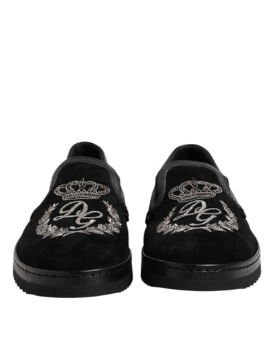 Dolce & Gabbana Schwarz bestickte Krone Loafers Schuhe