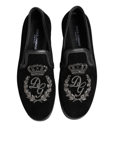 Dolce & Gabbana Schwarz bestickte Krone Loafers Schuhe