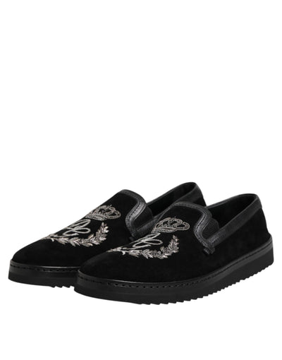 Dolce & Gabbana Schwarz bestickte Krone Loafers Schuhe