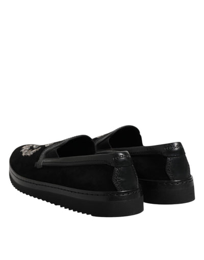 Dolce & Gabbana Schwarz bestickte Krone Loafers Schuhe