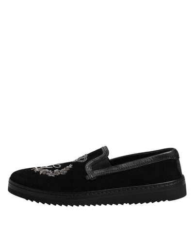 Dolce & Gabbana Schwarz bestickte Krone Loafers Schuhe