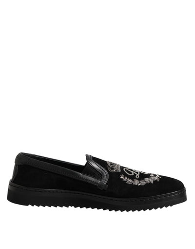 Dolce & Gabbana Schwarz bestickte Krone Loafers Schuhe