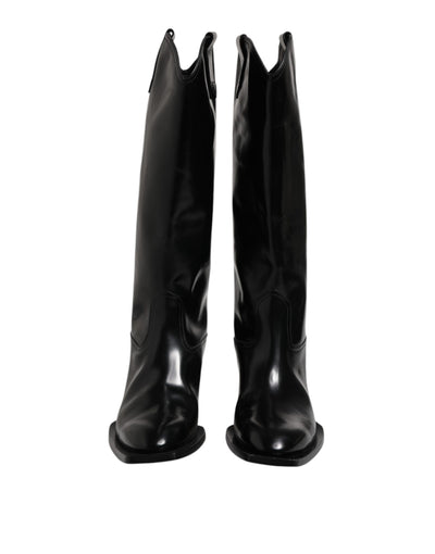 Dolce & Gabbana Schwarze Kalbsleder Logo Hohe Stiefel Schuhe