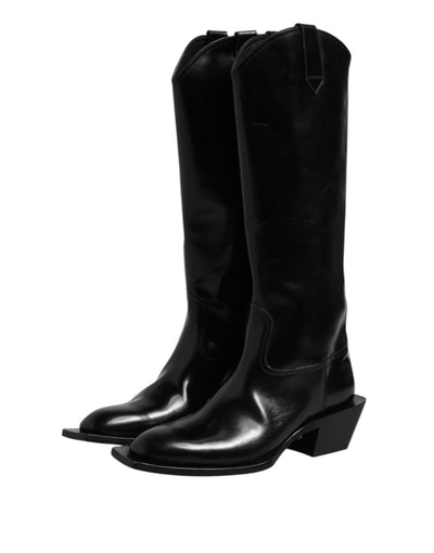 Dolce & Gabbana Schwarze Kalbsleder Logo Hohe Stiefel Schuhe
