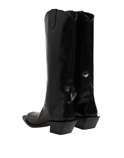 Dolce & Gabbana Schwarze Kalbsleder Logo Hohe Stiefel Schuhe