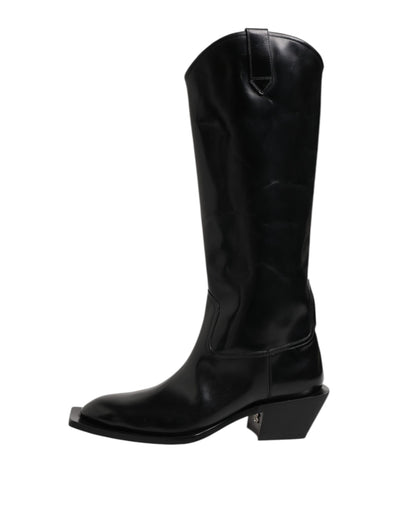Dolce & Gabbana Schwarze Kalbsleder Logo Hohe Stiefel Schuhe