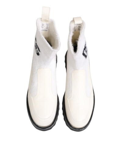 Dolce & Gabbana Weiß Beige DG Logo Mid Calf Stiefel Schuhe