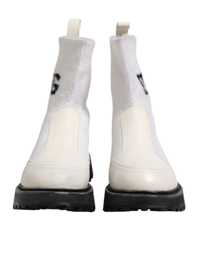 Dolce & Gabbana Weiß Beige DG Logo Mid Calf Stiefel Schuhe