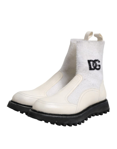 Dolce & Gabbana Weiß Beige DG Logo Mid Calf Stiefel Schuhe