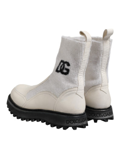 Dolce & Gabbana Weiß Beige DG Logo Mid Calf Stiefel Schuhe