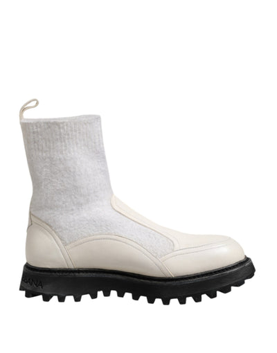 Dolce & Gabbana Weiß Beige DG Logo Mid Calf Stiefel Schuhe