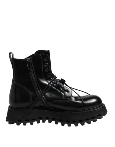 Dolce & Gabbana Schwarze Leder Logo-Stiefeletten Schnürschuhe