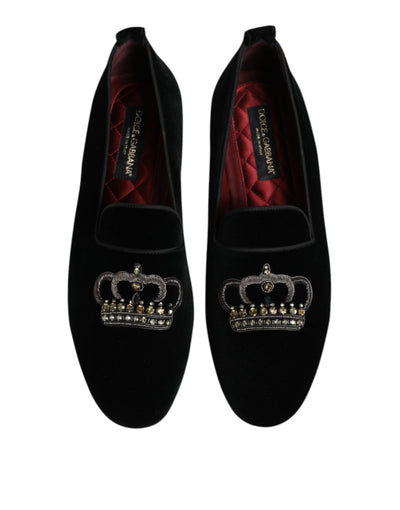 Dolce & Gabbana Schwarzer Samt Crystal Crown Loafers Kleid Schuhe