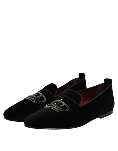 Dolce & Gabbana Schwarzer Samt Crystal Crown Loafers Kleid Schuhe