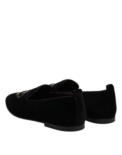 Dolce & Gabbana Schwarzer Samt Crystal Crown Loafers Kleid Schuhe
