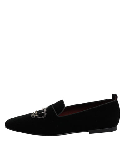 Dolce & Gabbana Schwarzer Samt Crystal Crown Loafers Kleid Schuhe