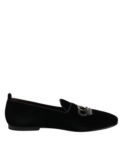 Dolce & Gabbana Schwarzer Samt Crystal Crown Loafers Kleid Schuhe