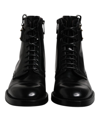 Dolce & Gabbana Schwarze Leder Mid Calf Stiefel Schnürschuhe