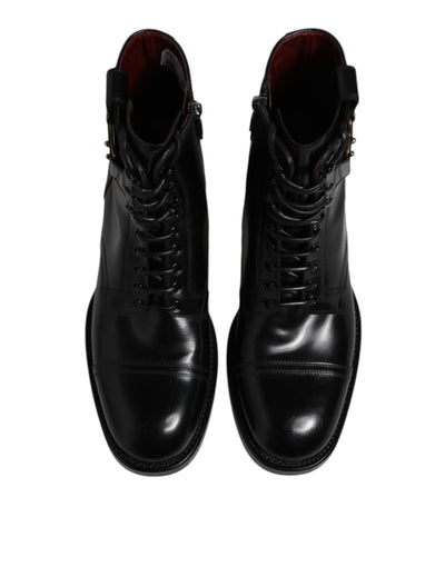 Dolce & Gabbana Schwarze Leder Mid Calf Stiefel Schnürschuhe