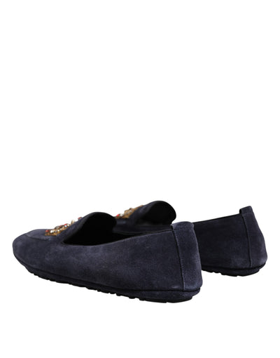 Dolce & Gabbana Blaue Wildleder Crown Crystal Loafers Kleid Schuhe