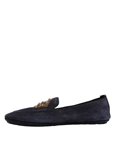 Dolce & Gabbana Blaue Wildleder Crown Crystal Loafers Kleid Schuhe