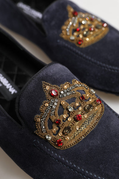 Dolce & Gabbana Blaue Wildleder Crown Crystal Loafers Kleid Schuhe