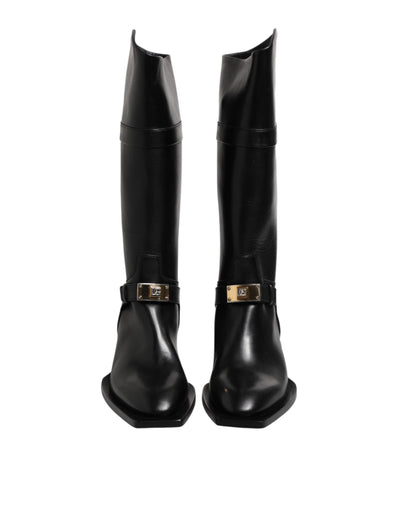 Dolce & Gabbana Schwarz Leder Hohe Stiefel Flache Schuhe