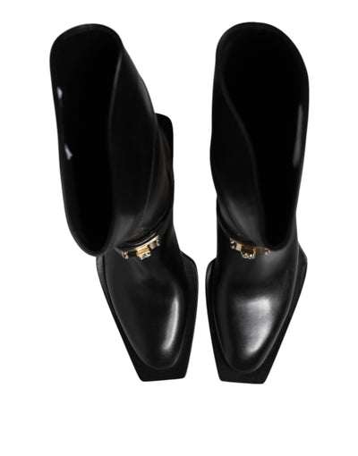 Dolce & Gabbana Schwarz Leder Hohe Stiefel Flache Schuhe