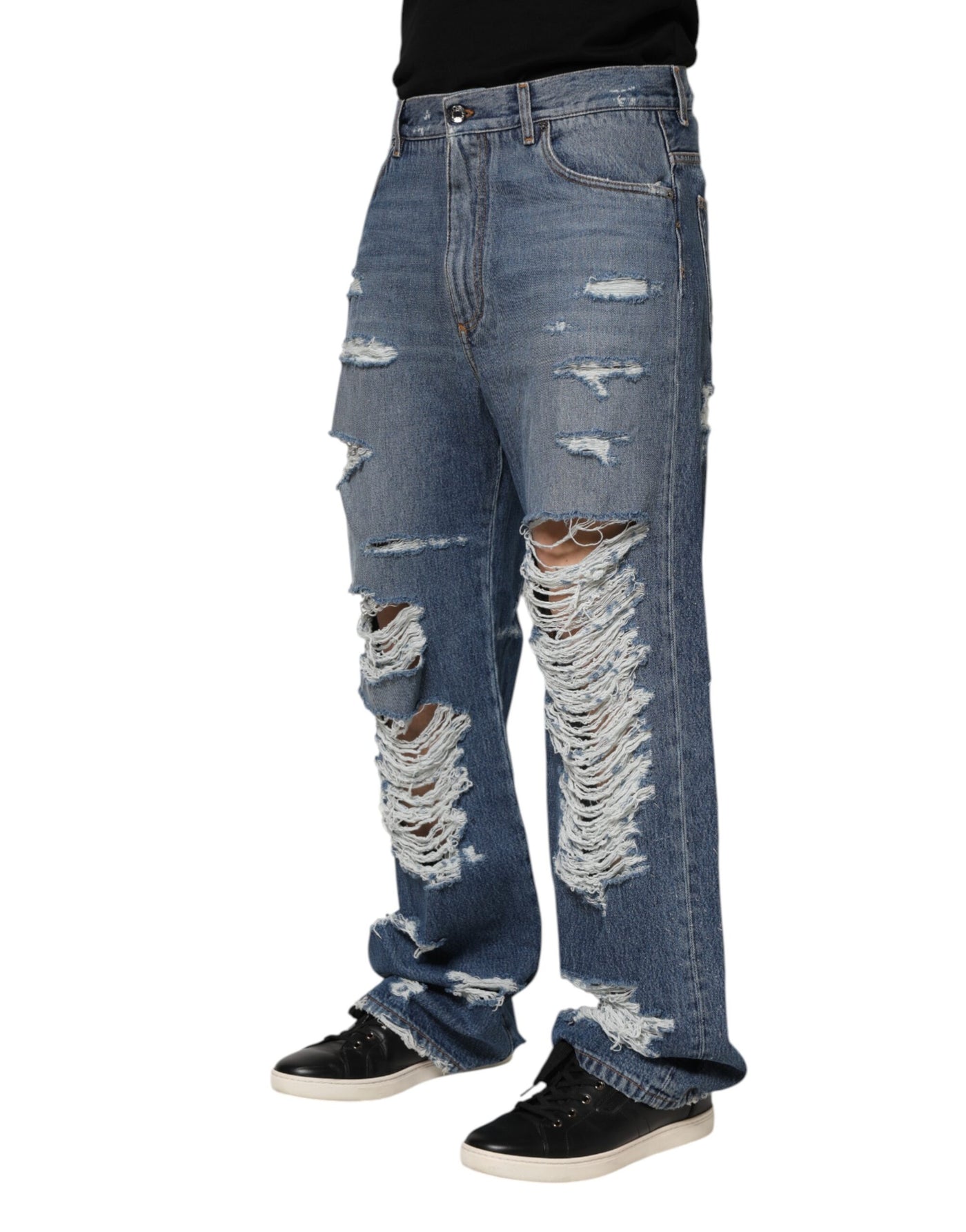 Dolce & Gabbana Blaue zerfledderte Baumwoll-Logo-Plakette Denim-Jeans