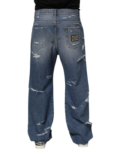 Dolce & Gabbana Blaue zerfledderte Baumwoll-Logo-Plakette Denim-Jeans