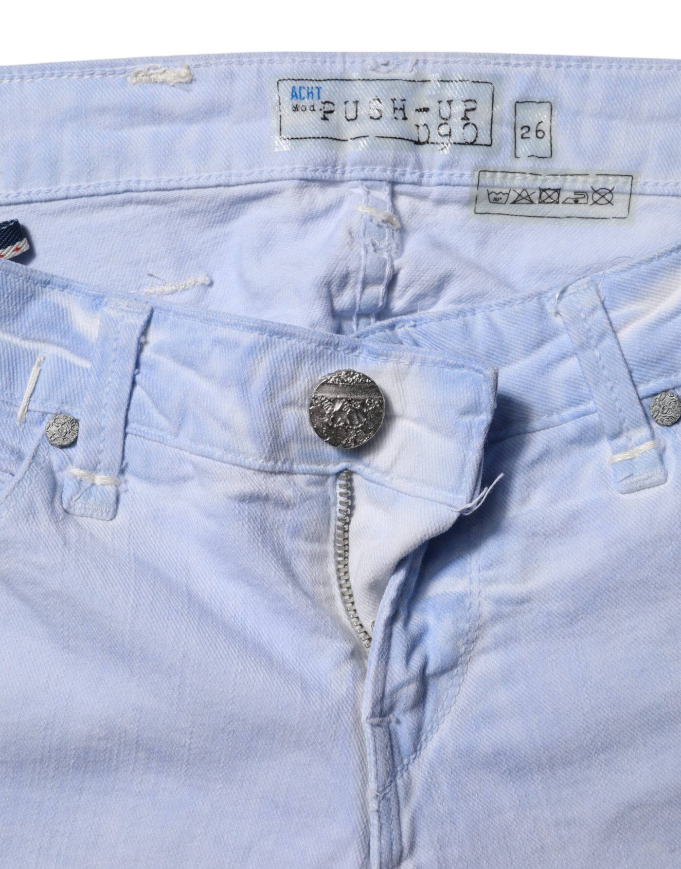 Acht Hellblaue Slim Fit Denim-Jeans aus Baumwolle mit niedriger Taille