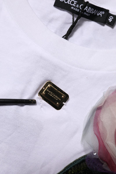 Dolce & Gabbana Weißes T-Shirt mit geblümter Spitze und DG-Details